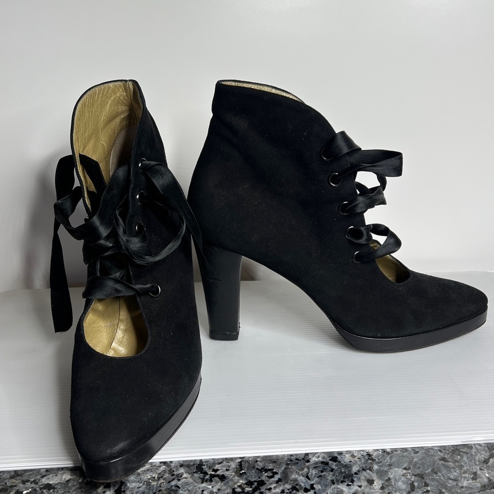 Yves Saint Laurent YSL Sz 9 Black Sude Silk Lace Up Ankle Heel Boots with Box - Picture 7 of 14